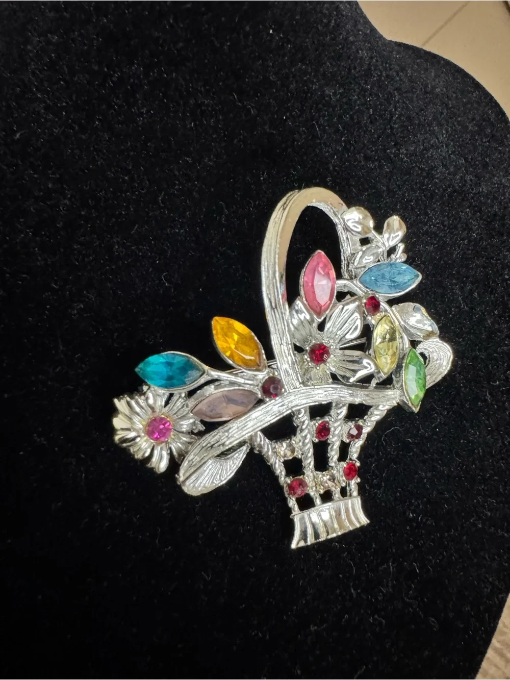 Silver-tone Multi-Color Floral Basket Brooch - Unbranded